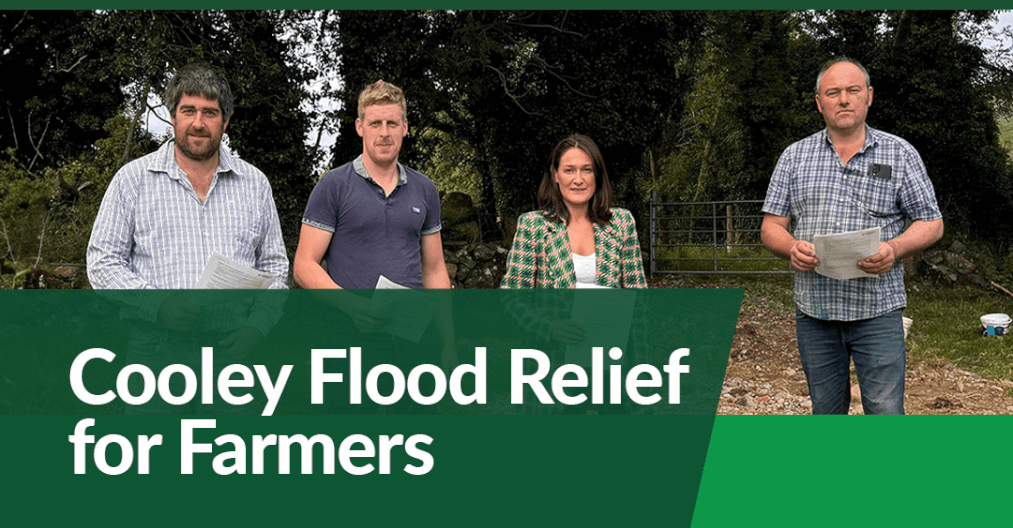 Picture of Erin and 3 farmers holding the Cooley Flood Damage Relief Measure Application Forms. This picture is titled ' Cooley Flood Relief for Farmers'.