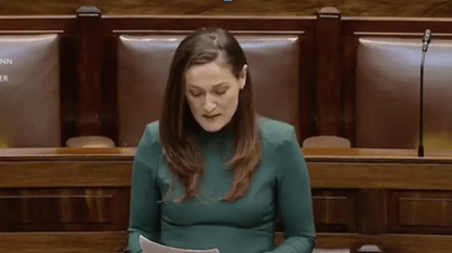 Photo of Erin wearing a green dress speaking in the Houses of the OIreachtas.